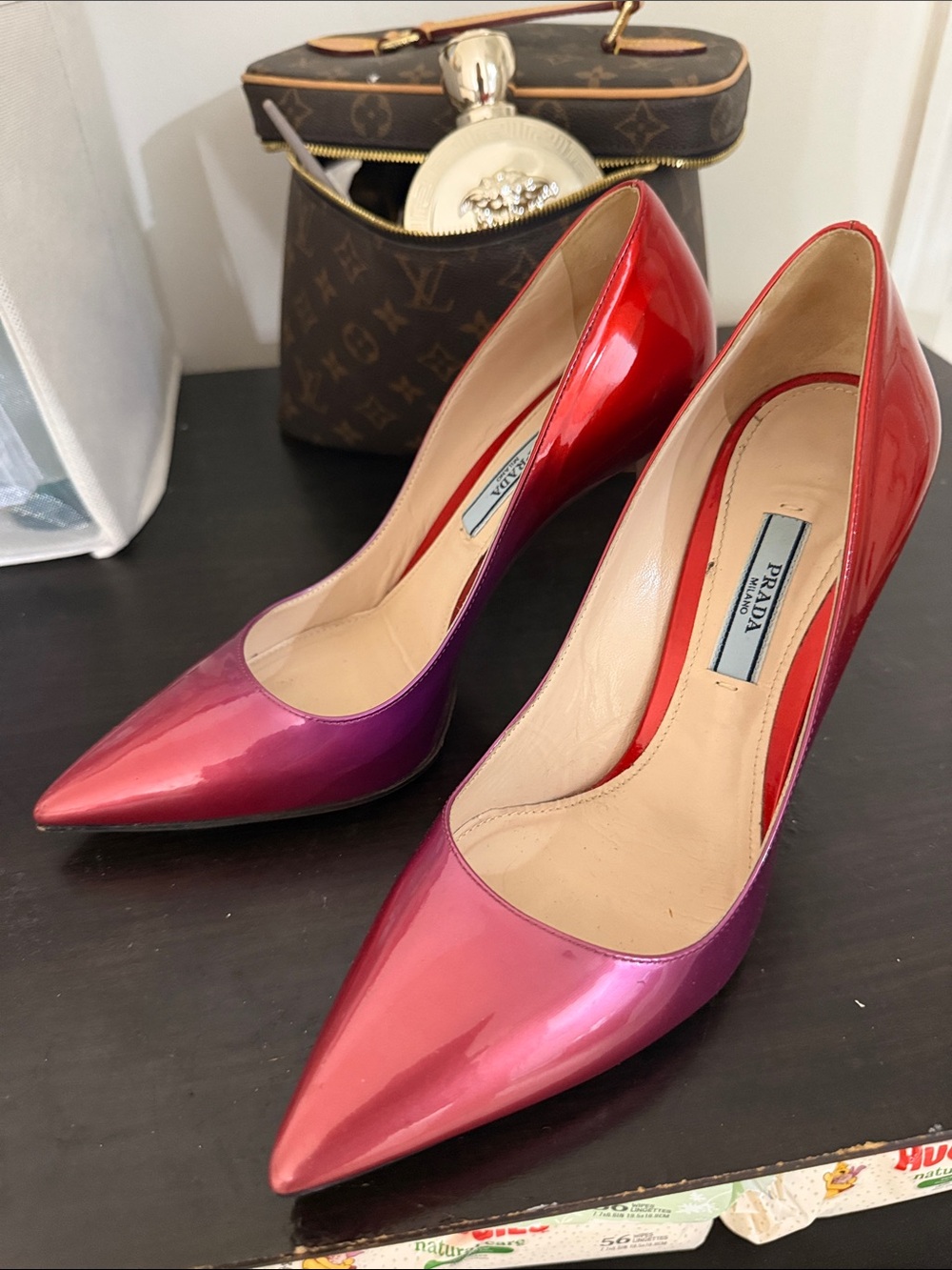 Prada Ombre Patent Leather Pointed-Toe Pumps - Red, Pink, Purple